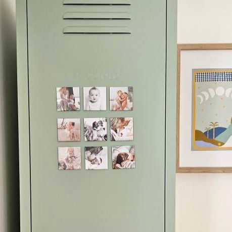 photo magnets on a tall metal locker